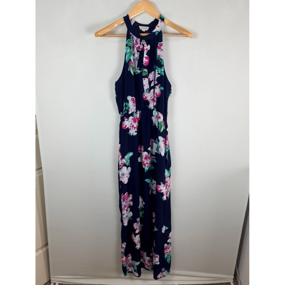 Le Kate Halter Maxi Dress Navy Pink Green Floral Wedding Graduation Guest Small